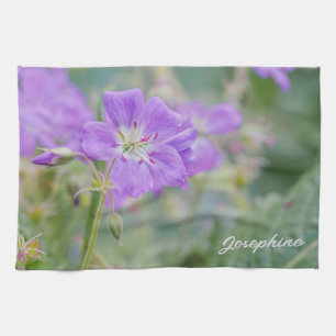 Purple Geranium Wildflower Photo With Custom Name Kitchen Towel
