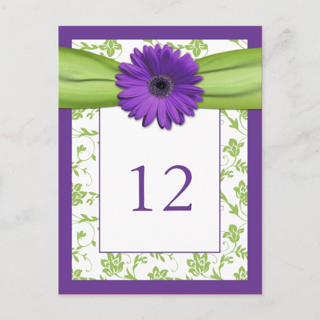 Purple Gerber Daisy Green Damask Table Number Card (Front)