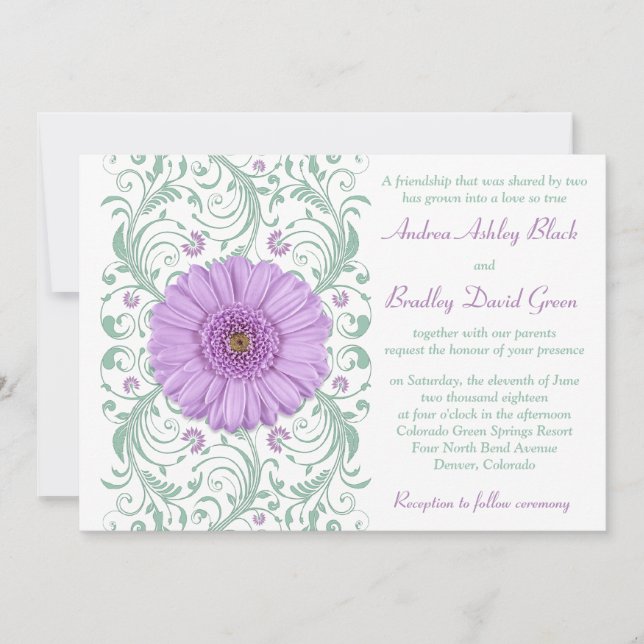 Purple Gerber Daisy Mint Floral Wedding Invitation (Front)