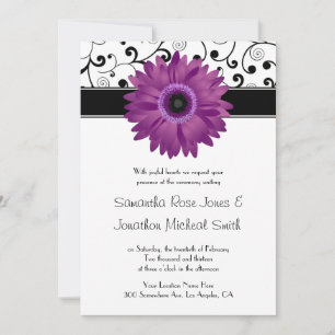 Purple Gerbera Daisy Black Scroll Design Wedding Invitation