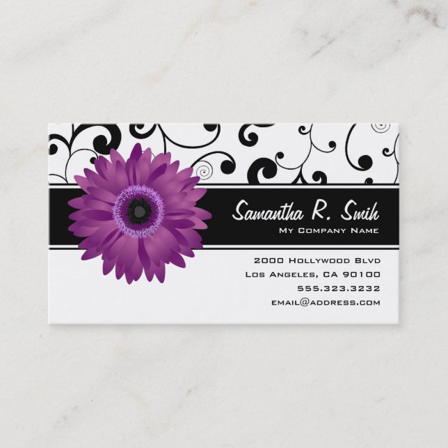 Purple Gerbera Daisy Black & White Scroll Business Card (Front)