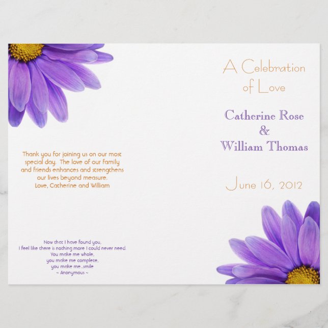Purple Gerbera Daisy Elegant Wedding Program (Front)