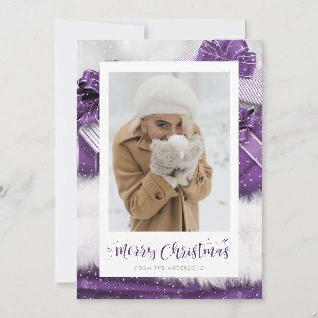Purple Gift Hand-Lettered Photo Christmas Cards (Front)