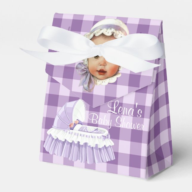 Purple Gingham Baby & Ruffled Bassinet Favour Boxe Favor Box (Front Side)