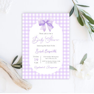 Purple Gingham Baby Shower invitation with bow