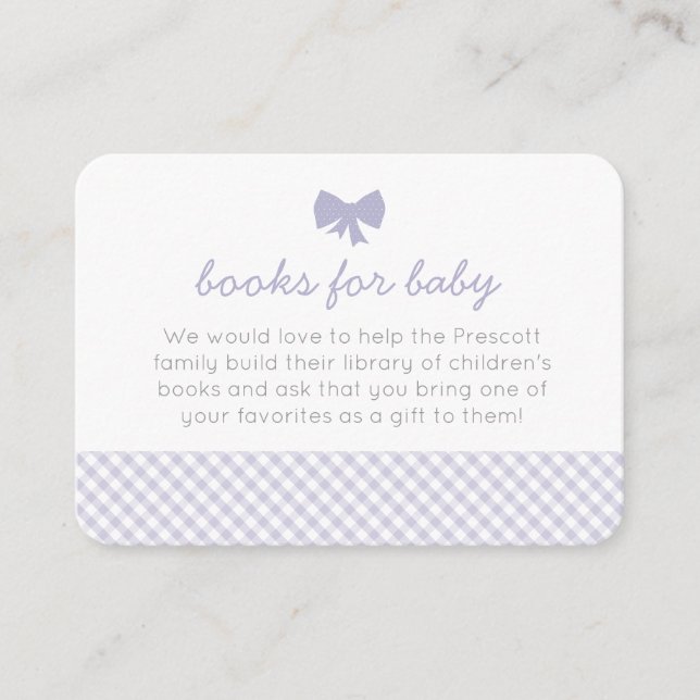 Purple gingham bow baby shower enclosure card (Front)