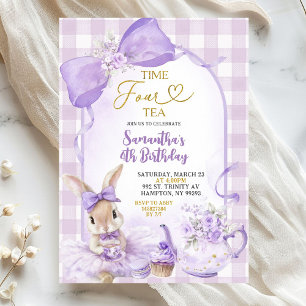 Purple Gingham Bow Bunny Tea Party Fourth Birthday Invitation