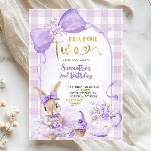 Purple Gingham Bow Bunny Tea Party Second Birthday Invitation