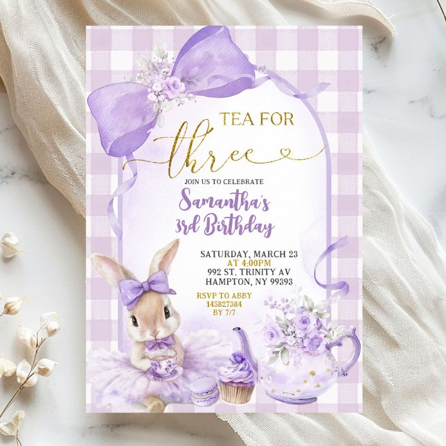 Purple Gingham Bow Bunny Tea Party Third Birthday Invitation (Creator Uploaded)