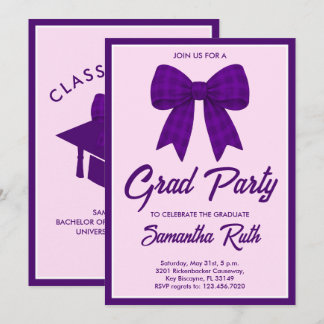 Purple Gingham Bow Graduation Party Invitation
