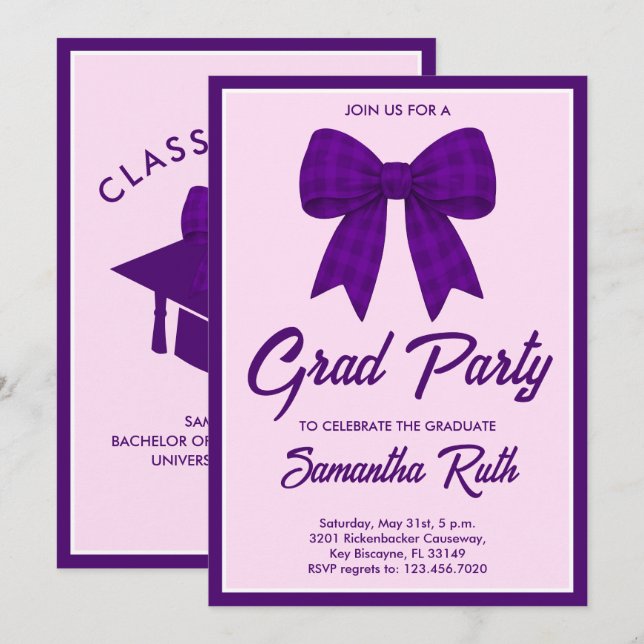 Purple Gingham Bow Graduation Party Invitation (Front/Back)