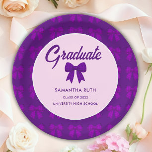 Purple Gingham Bow Graduation Party Paper Plate