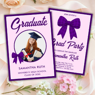 Purple Gingham Bow Photo Graduation Party Invitation