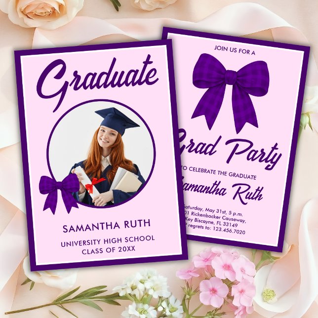 Purple Gingham Bow Photo Graduation Party Invitation (Creator Uploaded)