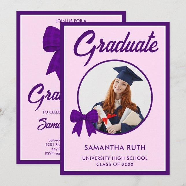 Purple Gingham Bow Photo Graduation Party Invitation (Front/Back)