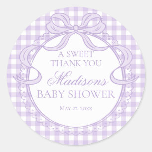 Purple Gingham Coquette Bow Baby Shower Favour Classic Round Sticker