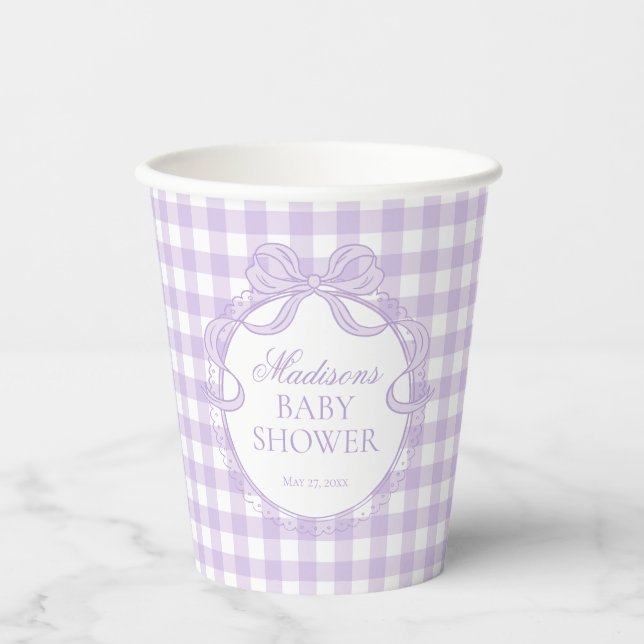 Purple Gingham Coquette Bow Baby Shower Paper Cups (Front)