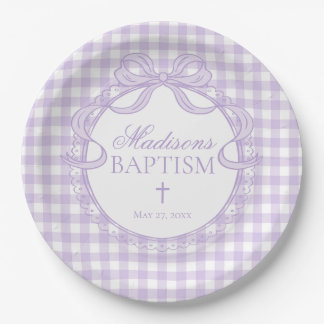 Purple Gingham Coquette Bow Baptism Paper Plate