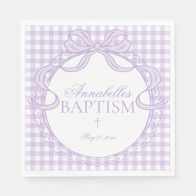 Purple Gingham Coquette Bow Baptism Table Decor Napkin (Front)