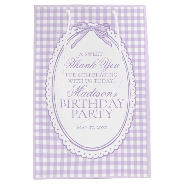 Purple Gingham Coquette Bow Birthday Party Favours Medium Gift Bag (Front)
