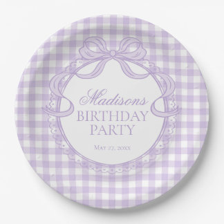 Purple Gingham Coquette Bow Birthday Party Paper Plate