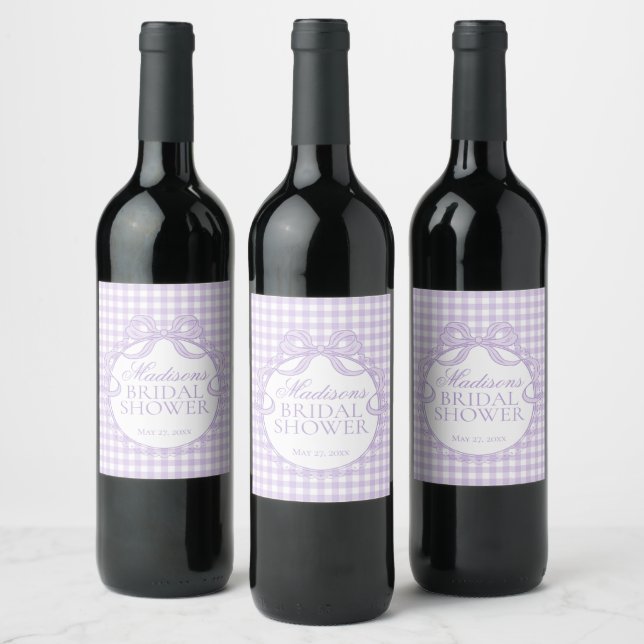 Purple Gingham Coquette Bow Bridal Shower Wine Label (Bottles)