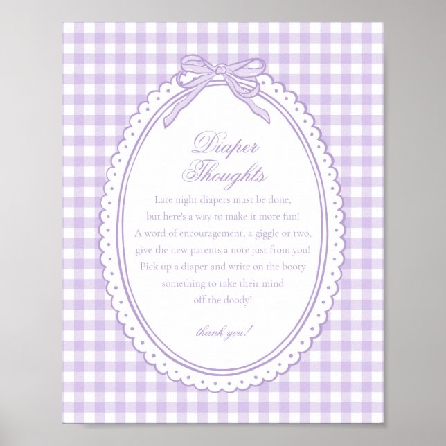 Purple Gingham Coquette Bow Diaper Thoughts Baby Poster (Front)