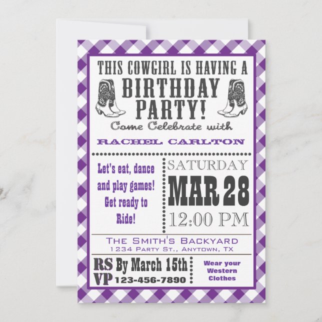 Purple Gingham Cowgirl Birthday Invitation (Front)
