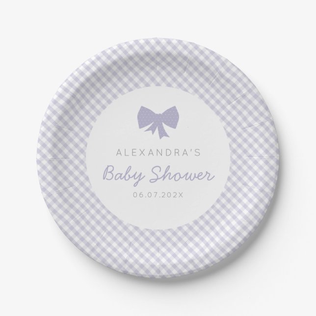 Purple gingham girl bow baby shower paper plate (Front)