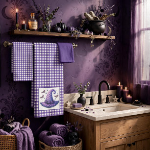 Purple Gingham Halloween Witch Hat & Bats Bath Towel Set