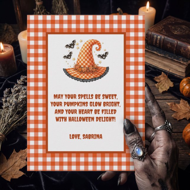 Purple Gingham Halloween Witch Hat & Bats  Holiday Postcard (Creator Uploaded)