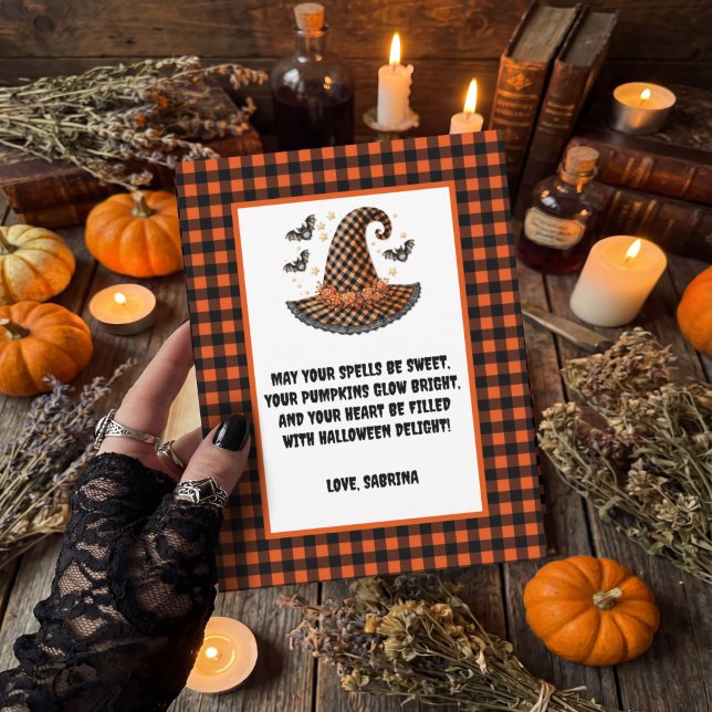 Purple Gingham Halloween Witch Hat & Bats  Holiday Postcard (Creator Uploaded)