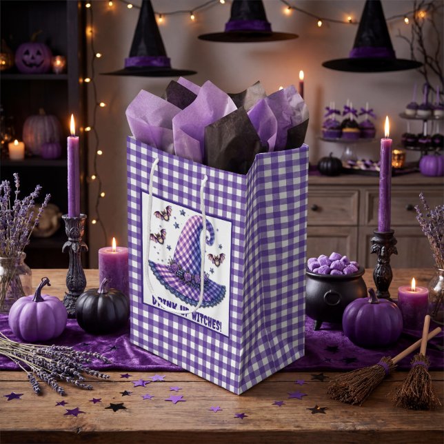Purple Gingham Halloween Witch Hat & Bats Medium Gift Bag (Creator Uploaded)