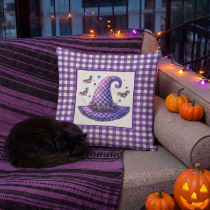 Purple Gingham Halloween Witch Hat & Bats Throw Pillow