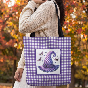 Purple Gingham Halloween Witch Hat & Bats Tote Bag