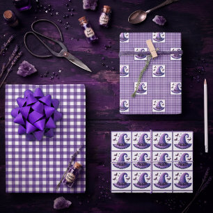 Purple Gingham Halloween Witch Hat & Bats Wrapping Paper Sheet