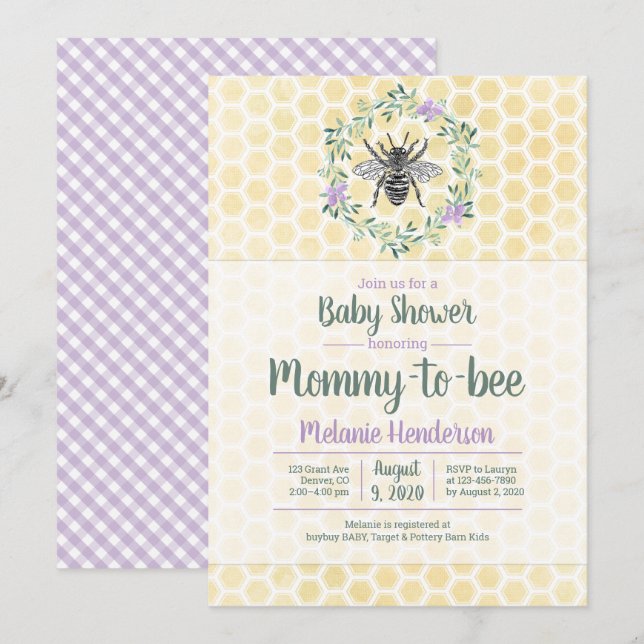 purple, gingham, mommy to bee girl baby shower invitation (Front/Back)