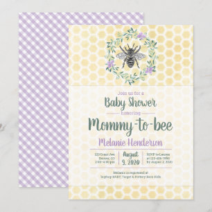 purple, gingham, mommy to bee girl baby shower invitation