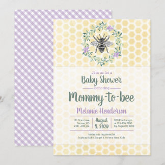 purple, gingham, mommy to bee girl baby shower invitation