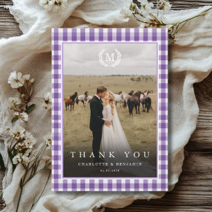 Purple Gingham Monogram Crest 2 Photo Thank You Card