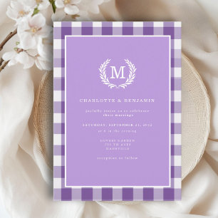 Purple Gingham Monogram Crest  Invitation