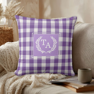 Purple Gingham Monogram Crest Throw Pillow