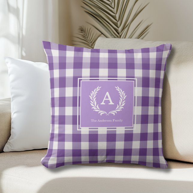 Purple Gingham Monogram Crest Throw Pillow (Purple Gingham Monogram Crest Throw Pillow)