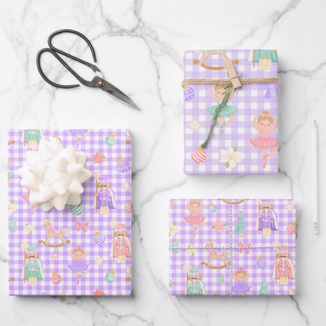 Purple Gingham Nutcracker Birthday Wrapping Paper Sheet (Front)