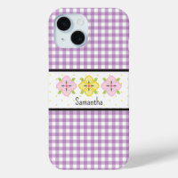 Purple Gingham Plaid Floral Monogram
