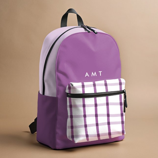 Purple Gingham Plaid Personalized Name Initials Printed Backpack (Purple and white hand-drawn plaid personalized school backpack.)