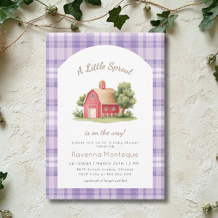 Purple Gingham Red Barn Little Sprout Baby Shower Invitation