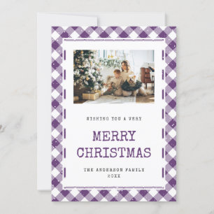 Purple Gingham Snow Photo Merry Christmas Card