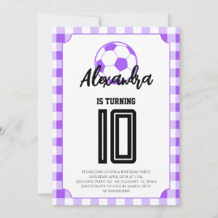 Purple Gingham Soccer Girls Birthday Invitation