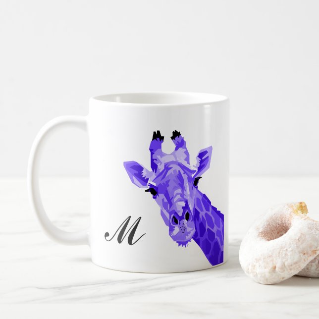 Purple Giraffe Pop Art Monogram Coffee Mug (With Donut)